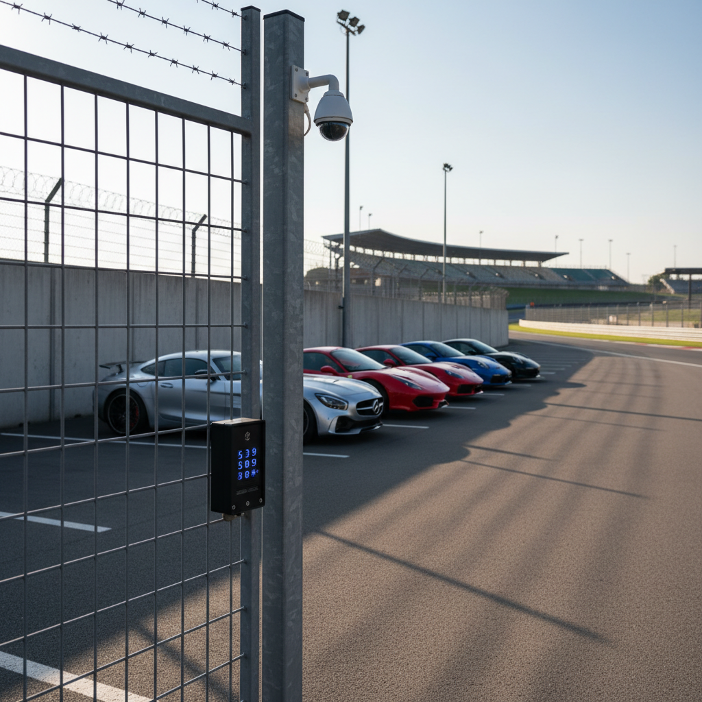A secure parking compound near a major race track, featuring a row of neatly parked modern cars behind a tall, dark-grey metal key-code gate. The gate’s keypad is prominently visible in the foreground, its illuminated numbers crisp and sharp. Surrounding the area is a high, solid fence and clearly visible CCTV cameras mounted on sturdy poles, angled to cover every corner. Late afternoon natural light casts clean, defined shadows, emphasizing order and security. Captured at eye level in photographic realism with a wide-angle lens, the composition uses the rule of thirds, creating a professional, trustworthy atmosphere with sharp focus throughout and a slightly blurred view of the distant race circuit grandstands beyond.