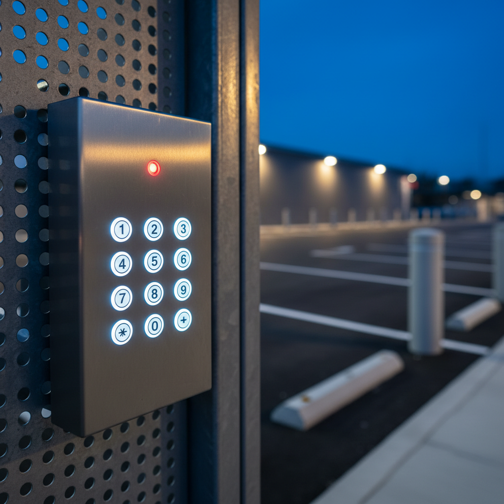 A close-up, photographic view of a sleek, brushed-metal key-code access panel mounted on a robust steel gate at a private parking facility. Each button on the keypad glows softly with cool white backlighting, and a tiny red indicator shows the system is armed. Behind the gate, slightly out of focus, are clearly marked parking bays on smooth tarmac, bordered by clean white lines and sturdy bollards. Early evening blue-hour light combines with discreet, warm LED security lights overhead, creating a calm, high-tech mood. Shot from a slightly low angle with shallow depth of field, the composition emphasizes the keypad and gate as symbols of controlled, secure entry, reflecting a professional, modern aesthetic.