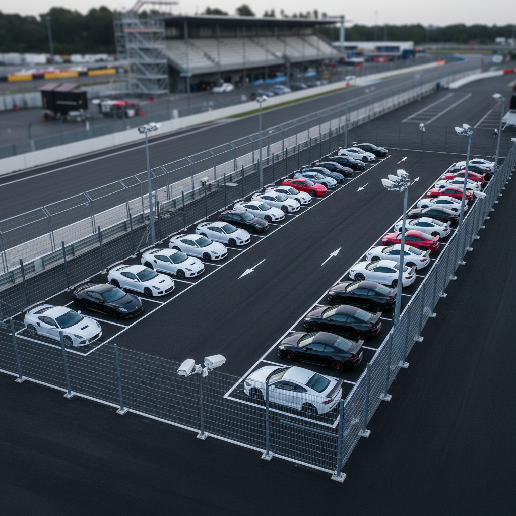 An elevated, photographic view of a private secure car park close to a race track, showing multiple CCTV cameras positioned at strategic corners, all directed toward well-organized parking rows. The surface is fresh black tarmac with bright, reflective white markings, bordered by a tall, opaque perimeter fence that blocks outside visibility. Overhead LED floodlights cast even, bright illumination, creating crisp shadows and a sense of constant supervision. In the background, blurred but recognizable, are sections of track fencing and trackside structures. The mood is highly professional and reassuring, with a clean, modern, security-focused aesthetic and sharp focus across the entire frame.