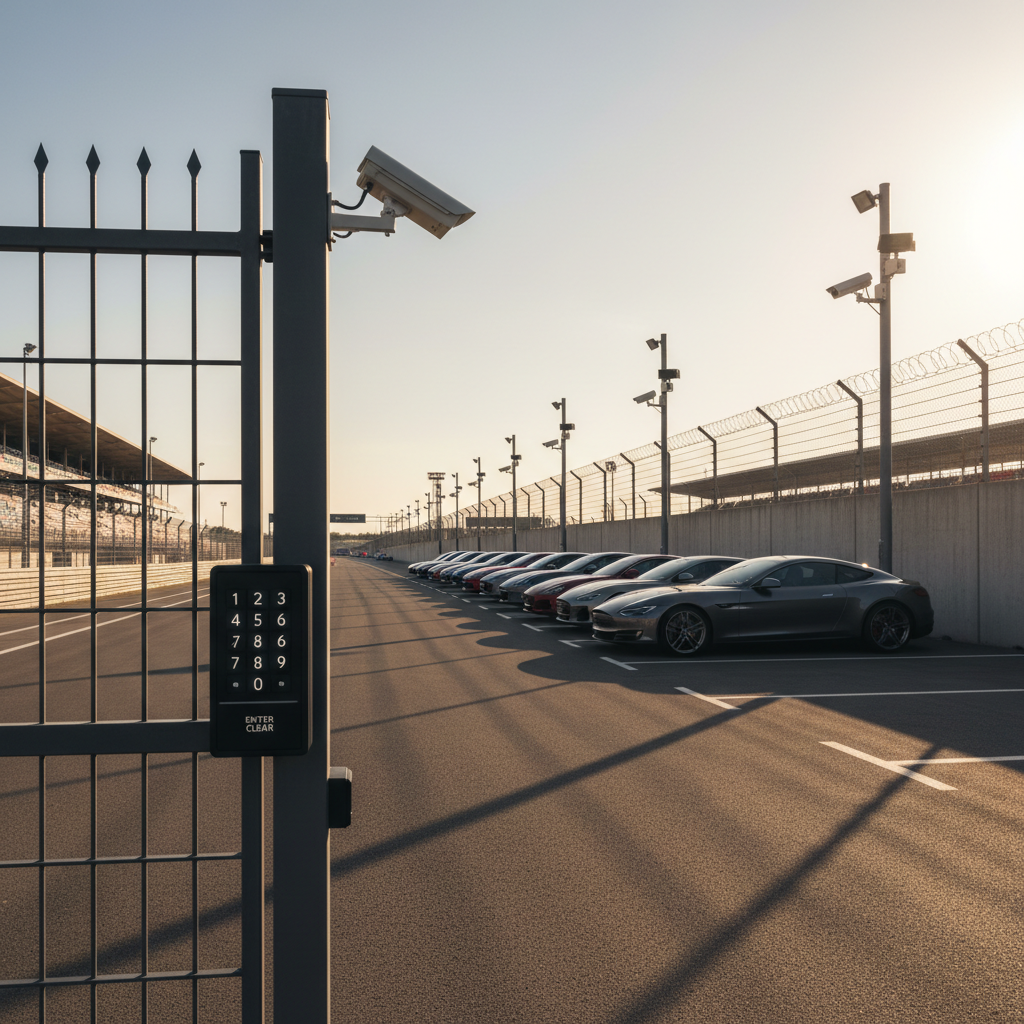 A secure parking compound near a major race track, featuring a row of neatly parked modern cars behind a tall, dark-grey metal key-code gate. The gate’s keypad is prominently visible in the foreground, its illuminated numbers crisp and sharp. Surrounding the area is a high, solid fence and clearly visible CCTV cameras mounted on sturdy poles, angled to cover every corner. Late afternoon natural light casts clean, defined shadows, emphasizing order and security. Captured at eye level in photographic realism with a wide-angle lens, the composition uses the rule of thirds, creating a professional, trustworthy atmosphere with sharp focus throughout and a slightly blurred view of the distant race circuit grandstands beyond.